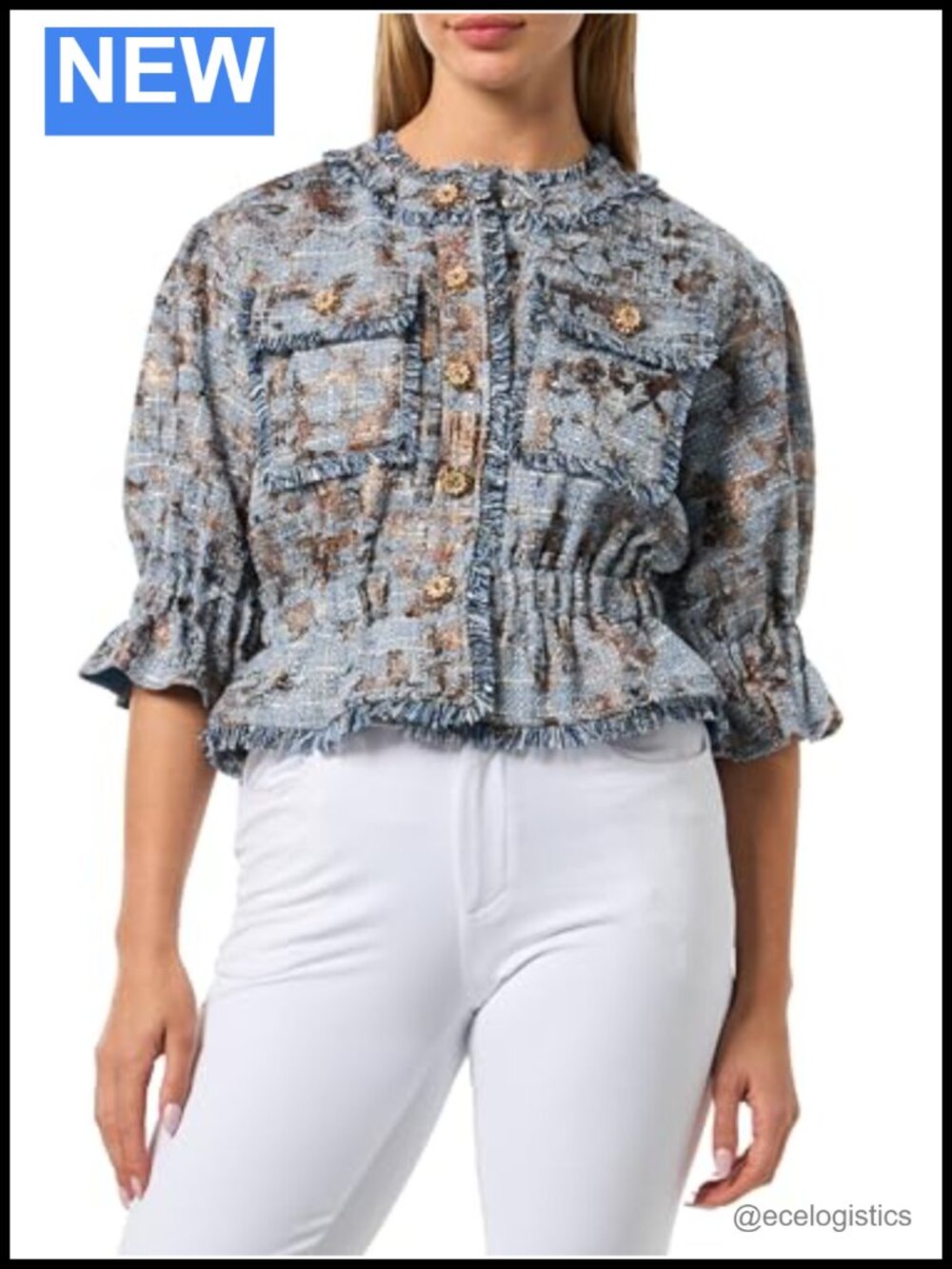 Collarless Foil Printed Tweed Cropped Jacket